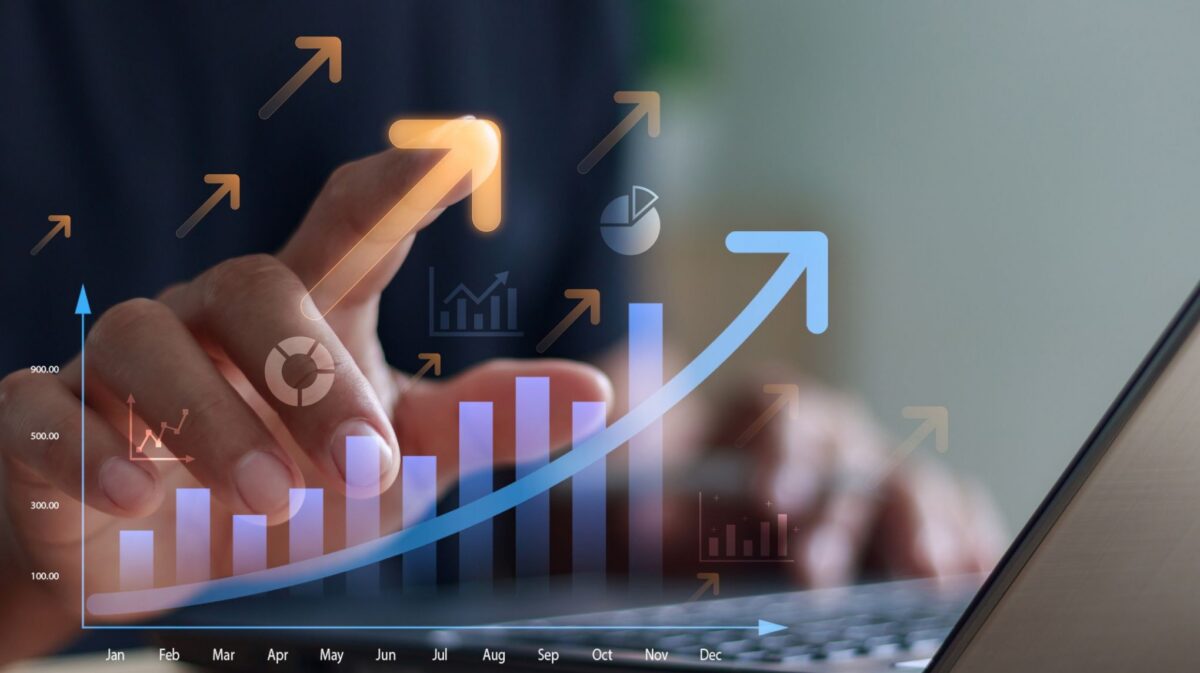 Business revenue growth chart with rising financial performance indicators